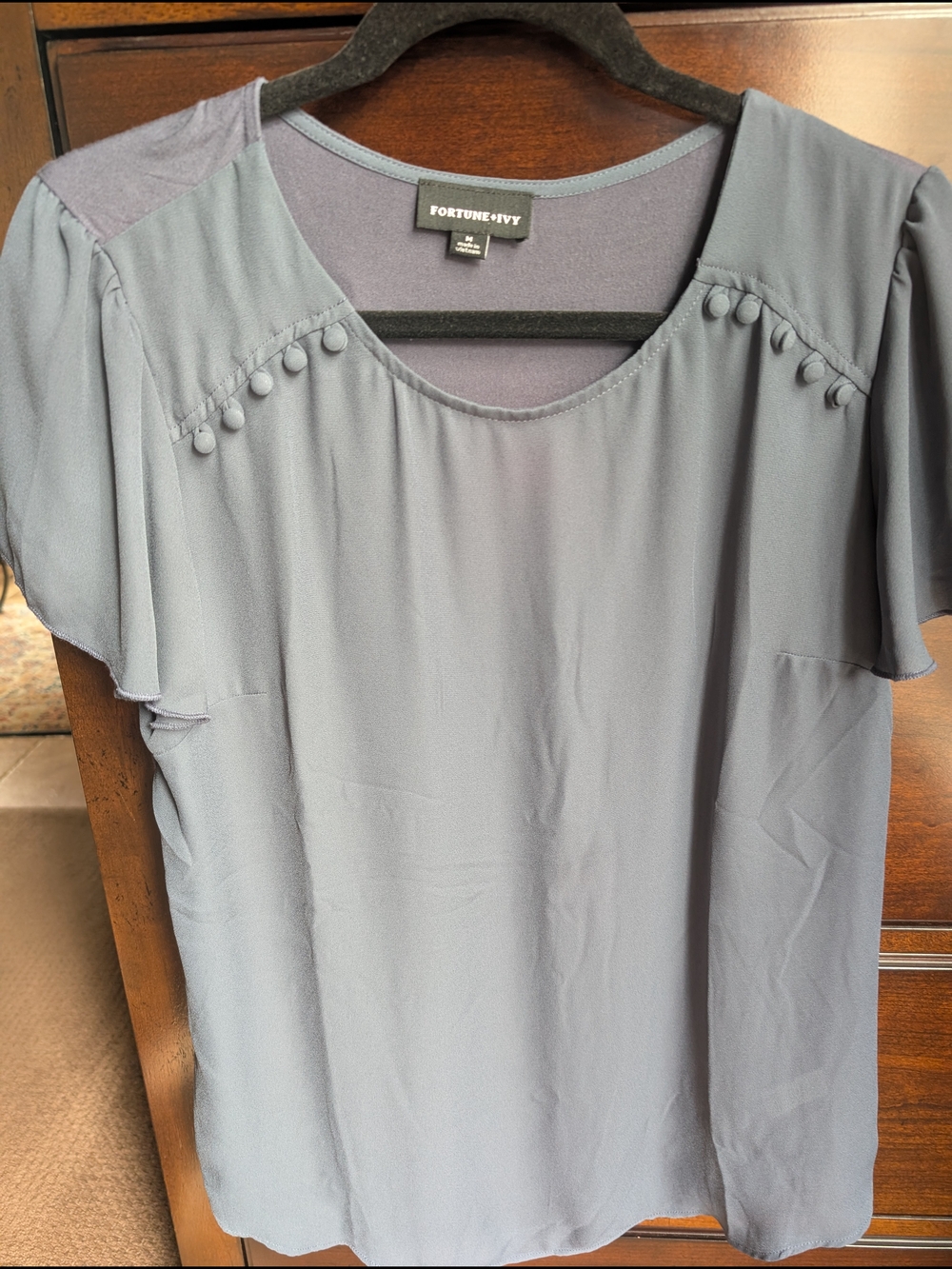 Fortune + Ivy Light Blue / Gray Flutter-Sleeve Blouse